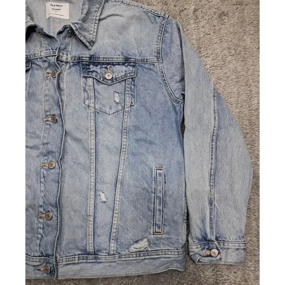 Old Navy Jean Jacket Size Large Boyfriend Distressed Ripped Light Blue Denim - Picture 4 of 13